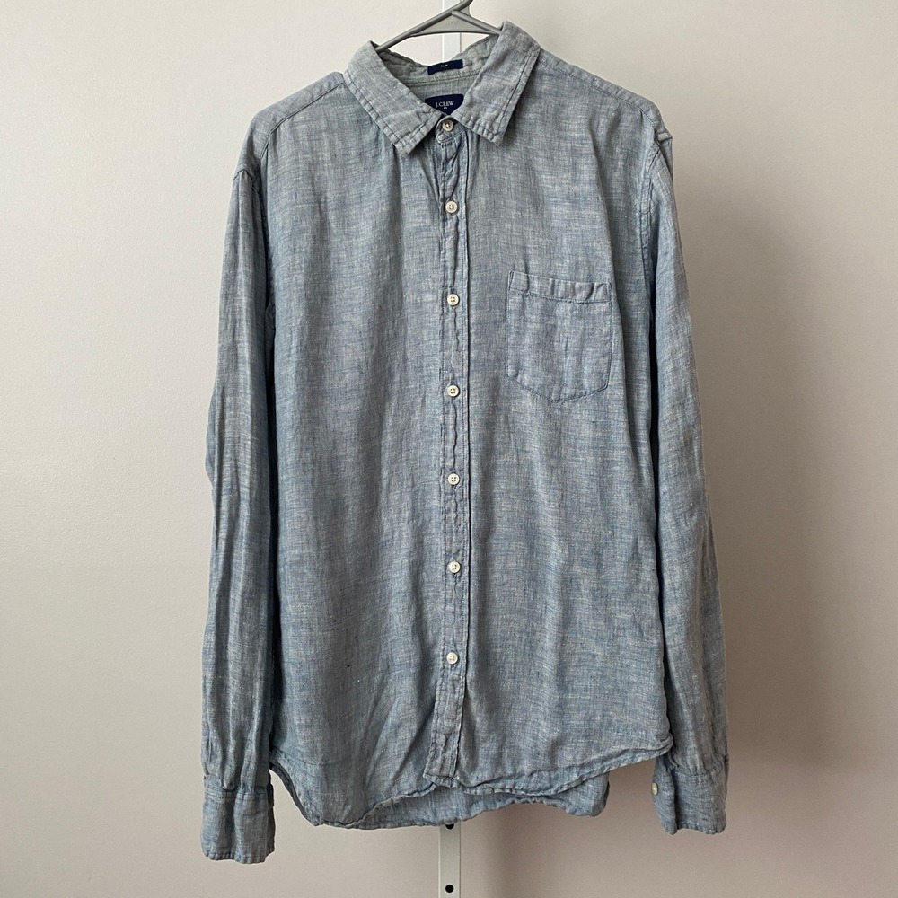 J.Crew Large Blue Button Down Slim 100% Linen Long Sleeve Shirt C1575 SP15